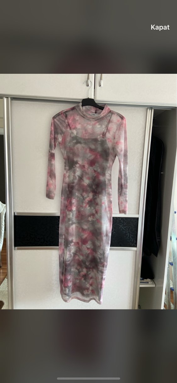 Desenli tül Uzun Elbise - Görsel 3