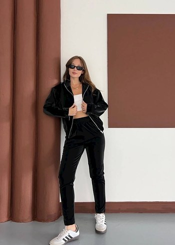 Siyah Deri Kadın Eşofman Takımı - Görsel 2
