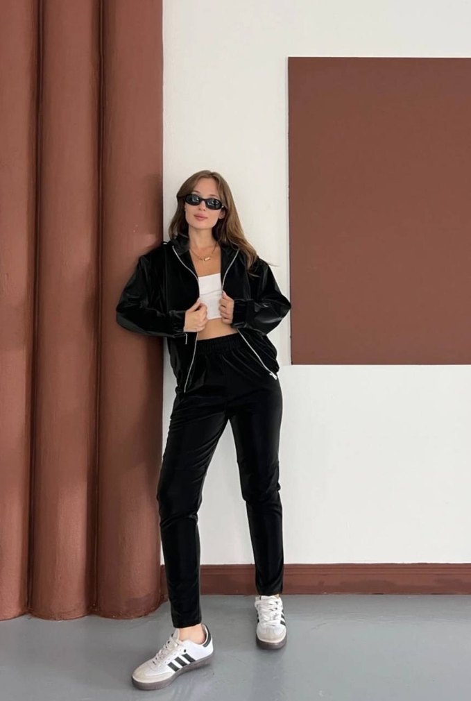 Siyah Deri Kadın Eşofman Takımı - Görsel 2