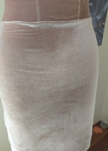 Bej Kadife Likralı Midi Eteği - Görsel 5