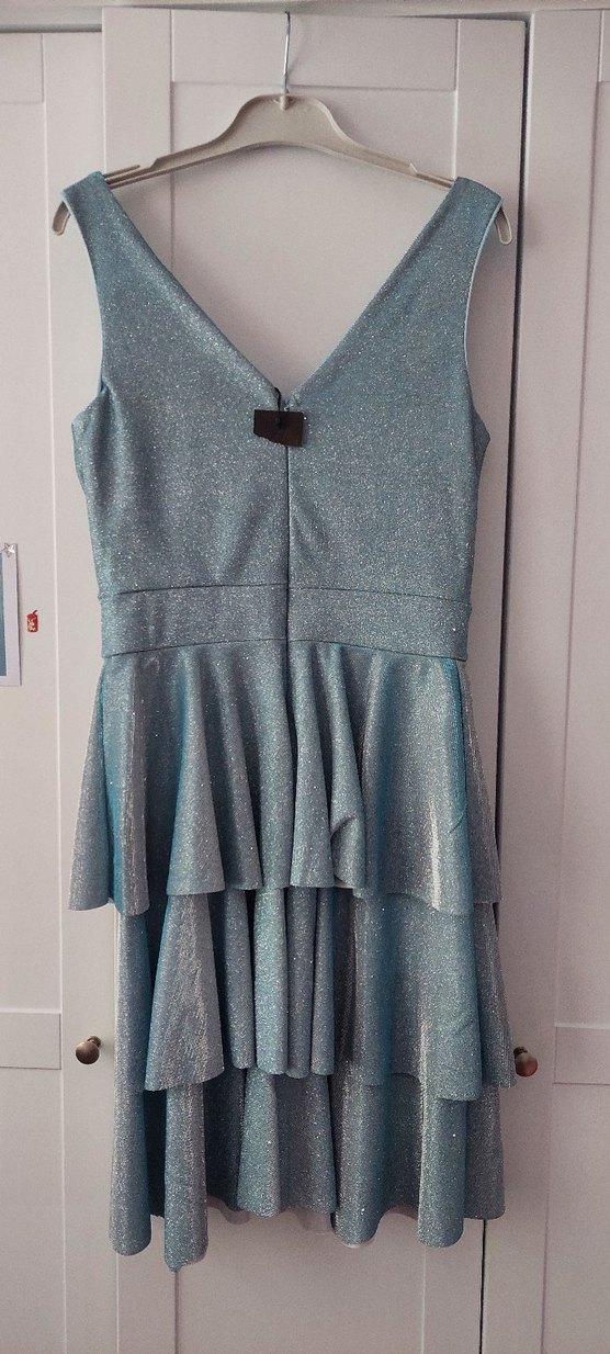 V Yaka Fırfırlı Mavi Midi Simli Abiye Elbise - Görsel 2