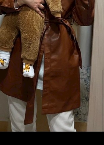 Kahverengi Uzun Deri Kemerli Kadın Ceket - Görsel 4