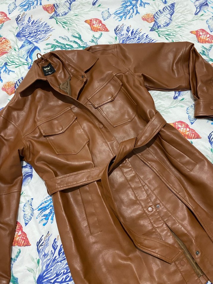 Kahverengi Uzun Deri Kemerli Kadın Ceket - Görsel 3