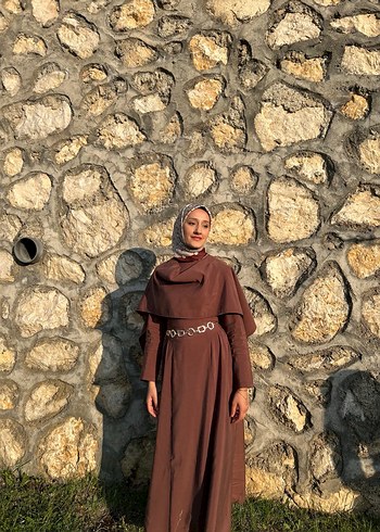 Pelerinli Bohem Tarz Uzun Kahverengi Elbise - Görsel 2