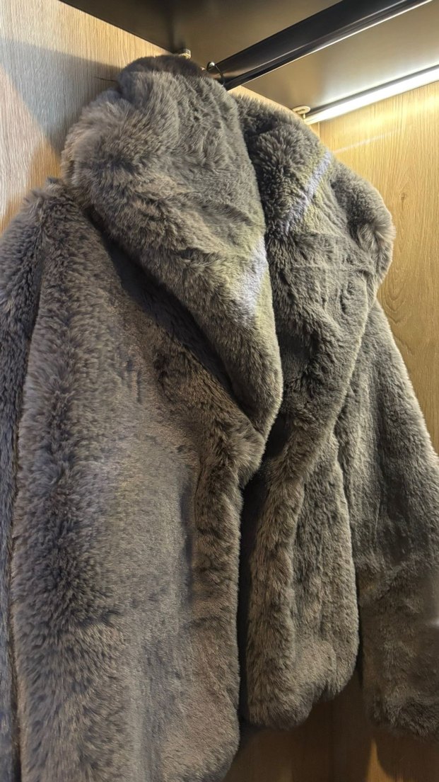 Gri Midi Boy Uzun Kollu Peluş Ceket - Görsel 3