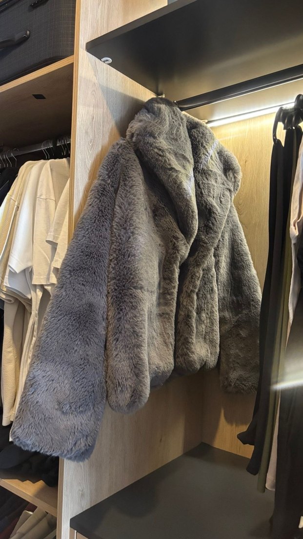 Gri Midi Boy Uzun Kollu Peluş Ceket - Görsel 2