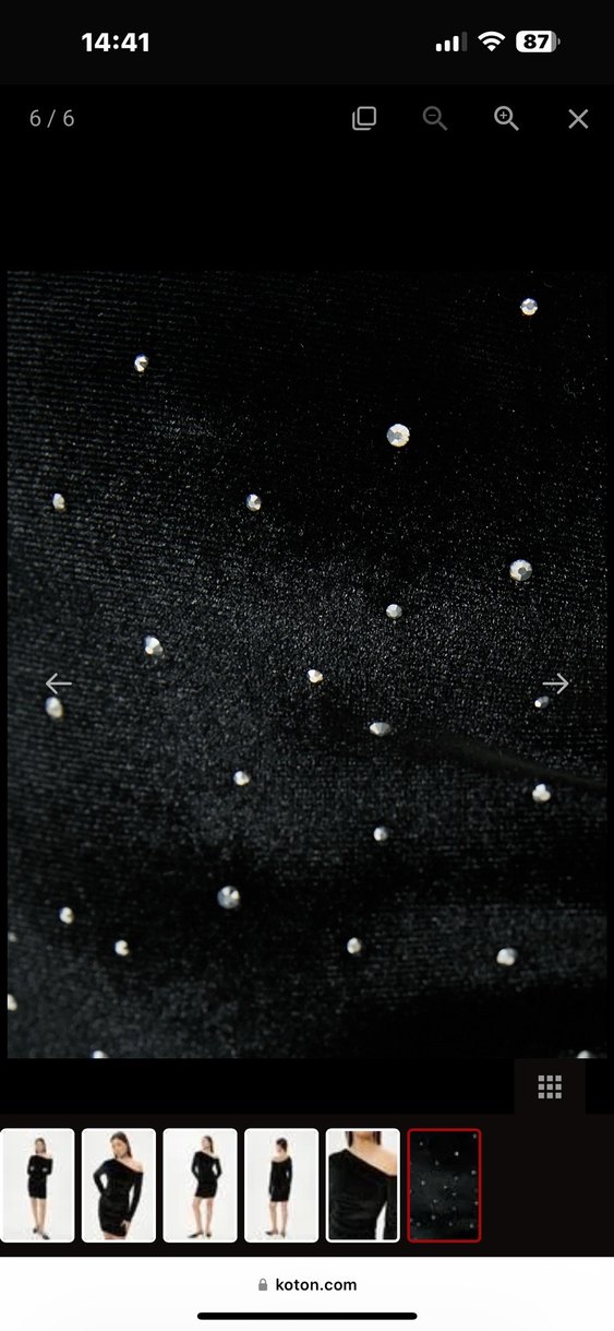 Koton Siyah Asimetrik Yaka Taşlı Kadife Elbise - Görsel 4