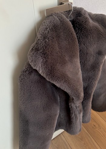 Gri Kapüşonlu Kadın Peluş Mont - Görsel 9