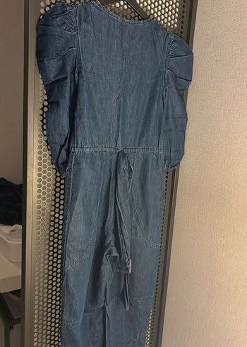 Düğmeli V Yaka Kadın Denim Tulum - Görsel 4