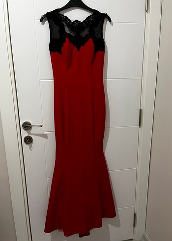 Dantelli V Yakalı Kırmızı Uzun Abiye Elbise - Görsel 3