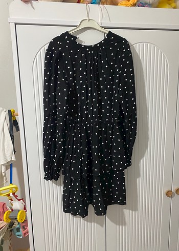 Uzun Kollu Siyah Puantiyeli Mini Elbise - Görsel 2