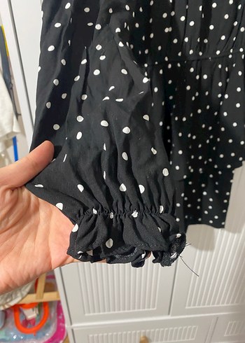 Uzun Kollu Siyah Puantiyeli Mini Elbise - Görsel 3