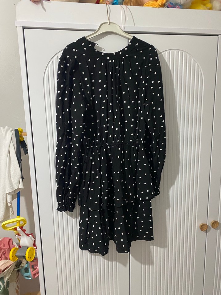 Uzun Kollu Siyah Puantiyeli Mini Elbise - Görsel 2