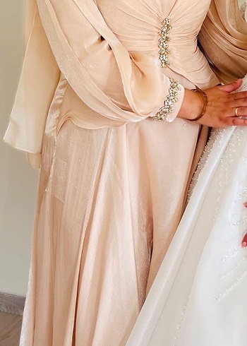 Modern Klasik Bej Drapeli Uzun Abiye - Görsel 2