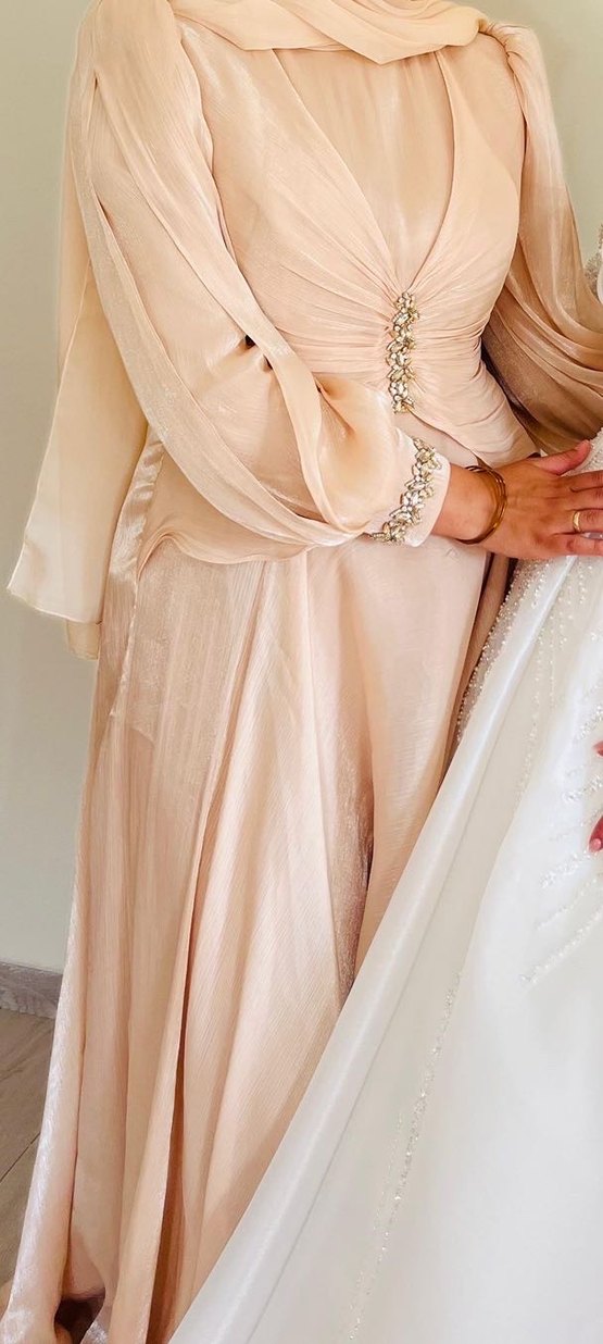 Modern Klasik Bej Drapeli Uzun Abiye - Görsel 2