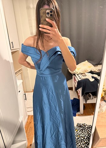 Parlak Mavi Straplez Midi Elbise - Görsel 3