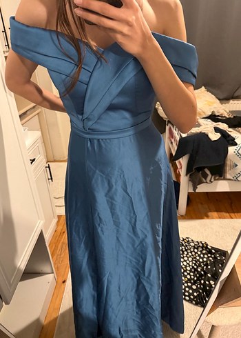 Parlak Mavi Straplez Midi Elbise - Görsel 2