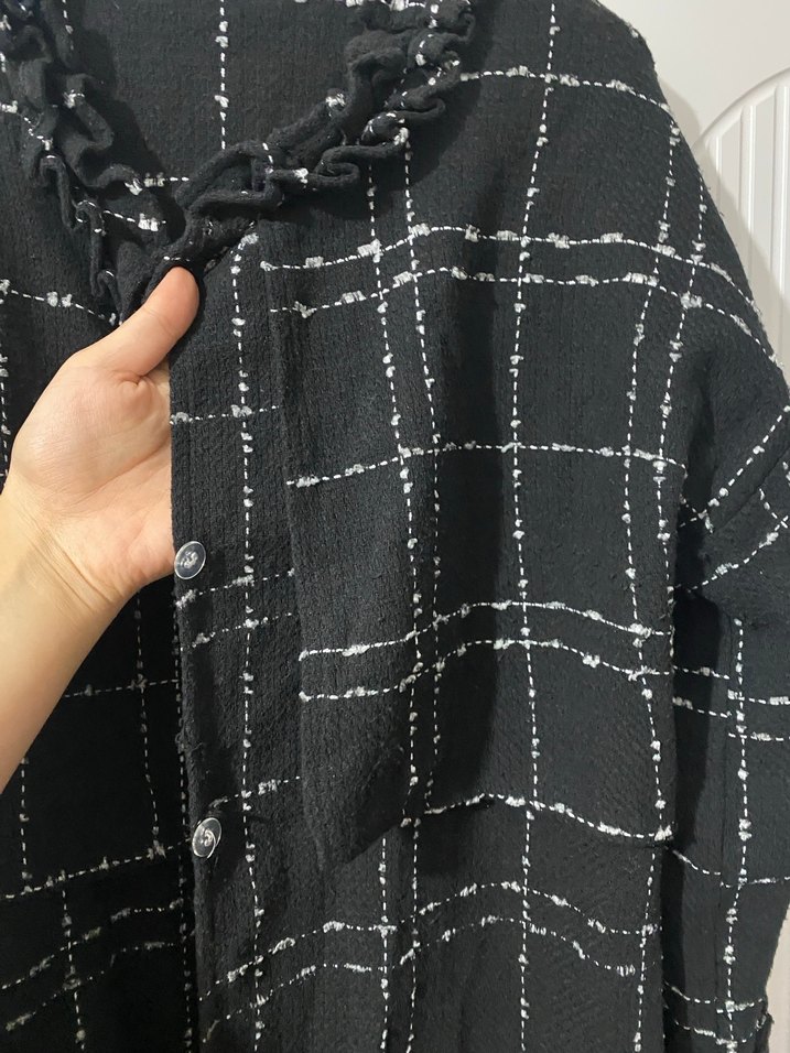 Düğmeli Siyah Kareli Midi  Ceket - Görsel 5