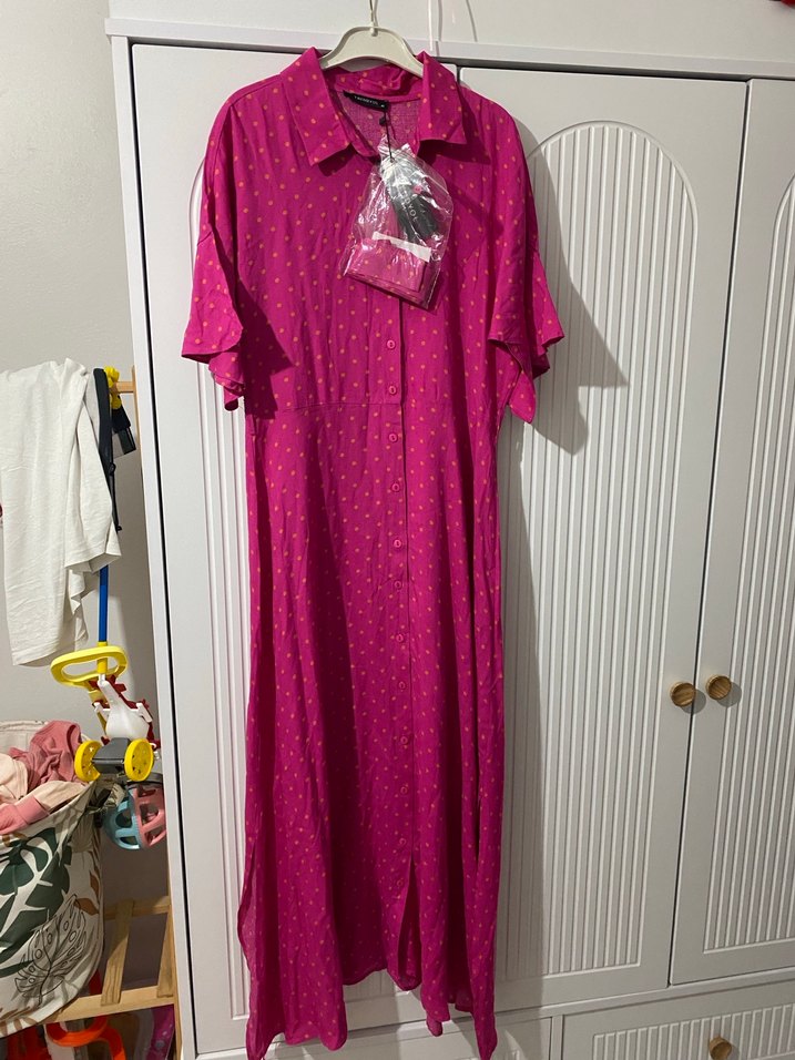 Puantiyeli Pembe Uzun Elbise - Görsel 4