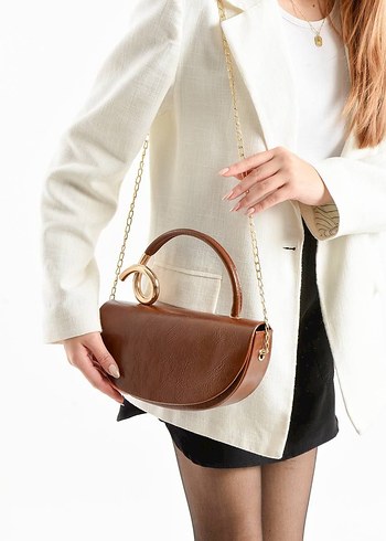 Kahverengi Deri Yılan Desenli Klasik Çanta - Görsel 3