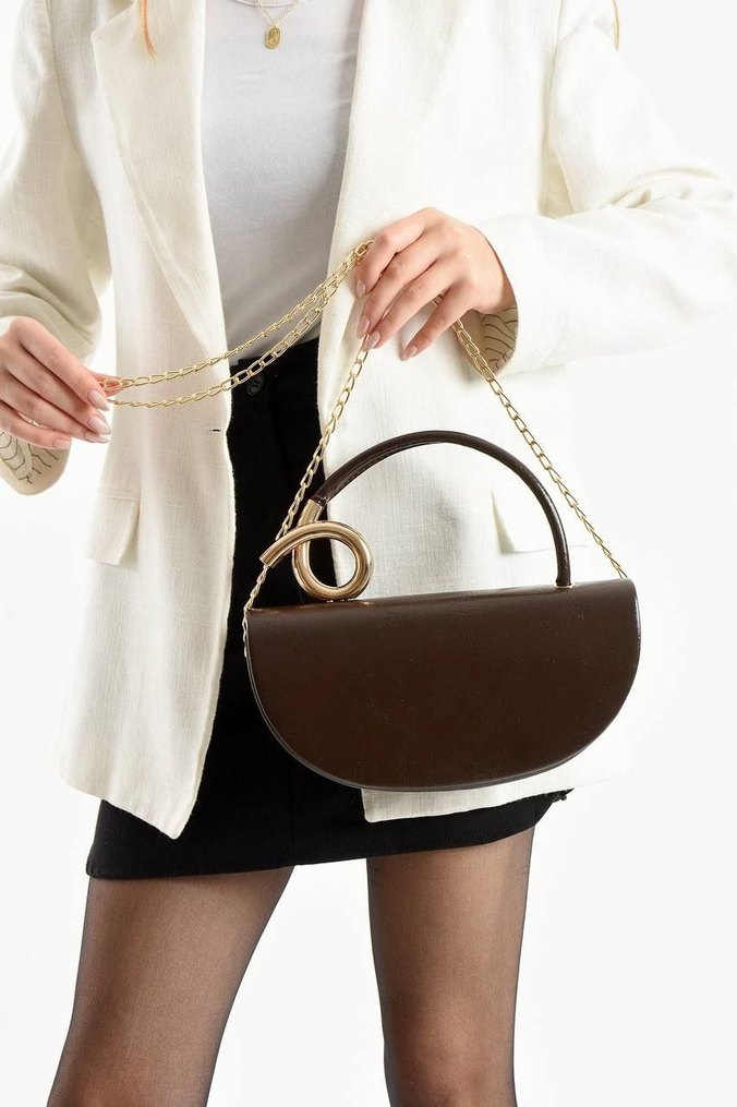 Kahverengi Deri Yılan Desenli Klasik Çanta - Görsel 2