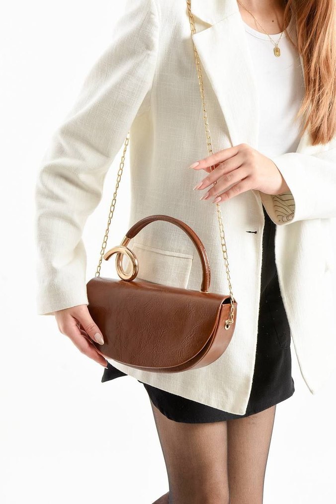 Kahverengi Deri Yılan Desenli Klasik Çanta - Görsel 3