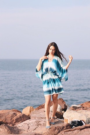 Tasarımcı Tasarım mavi turkuaz pareo kaftan kimono