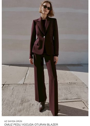 Zara Bordo Uzun Kol Dar Omuzlu Kadin Blazer