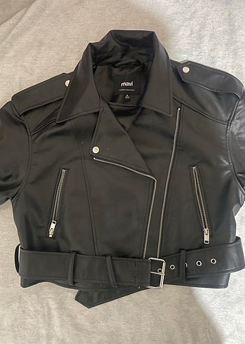 Siyah Kadın Deri Crop Ceket, Kemerli, Regular Fit - Görsel 6