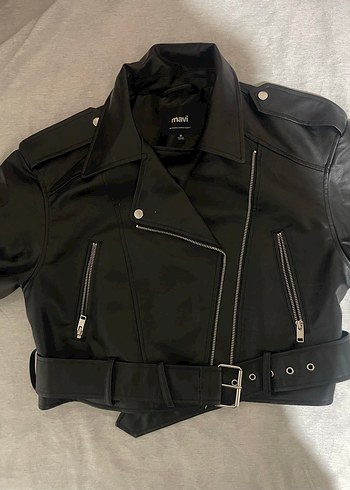 Siyah Kadın Deri Crop Ceket, Kemerli, Regular Fit - Görsel 7