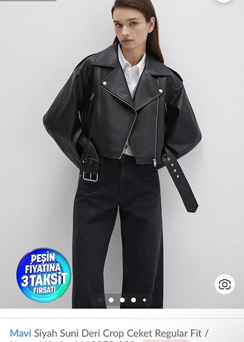 Siyah Kadın Deri Crop Ceket, Kemerli, Regular Fit - Görsel 2