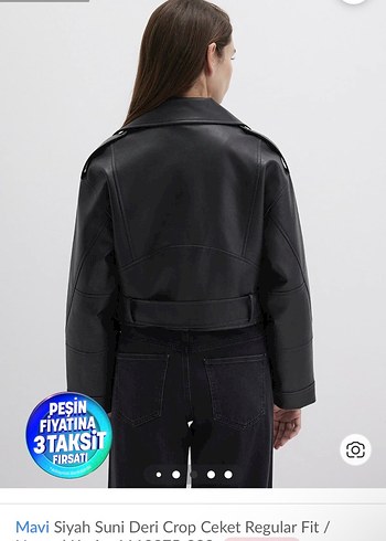 Siyah Kadın Deri Crop Ceket, Kemerli, Regular Fit - Görsel 3