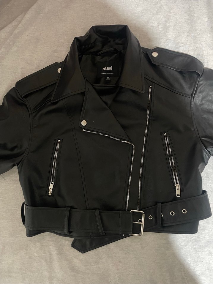 Siyah Kadın Deri Crop Ceket, Kemerli, Regular Fit - Görsel 5