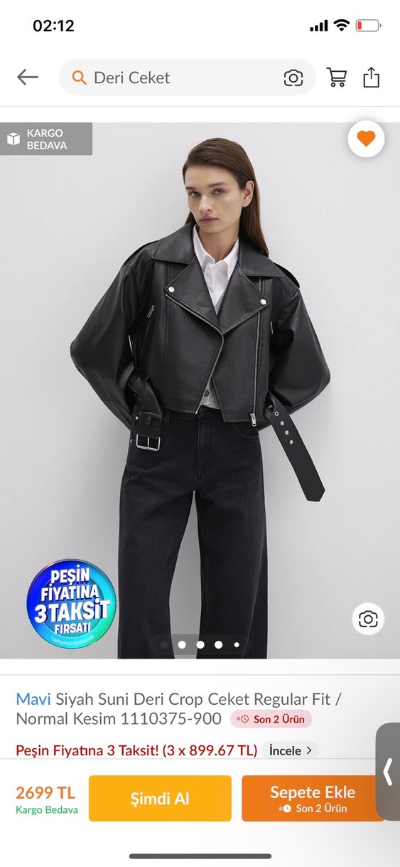 Siyah Kadın Deri Crop Ceket, Kemerli, Regular Fit - Görsel 2