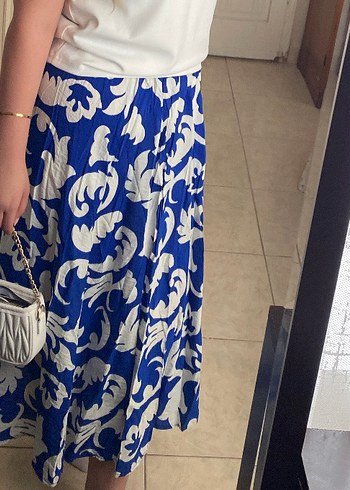 H&M Mavi Batik Desenli Piliseli Uzun Etek