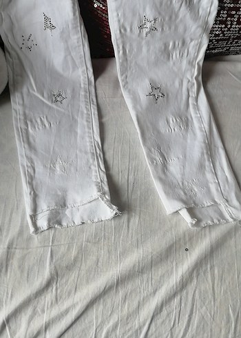 Diğer Nakışlı Beyaz Bohem Midi Kadın Kot Pantolon