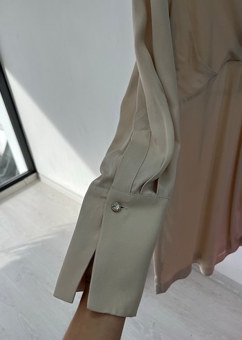 Bej Drapeli Uzun Kollu V Yaka Kadın Elbise - Görsel 3