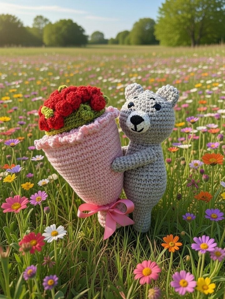 Gri Örgü Ayıcık ve Çiçek Buketi Peluş Oyuncak - Görsel 2