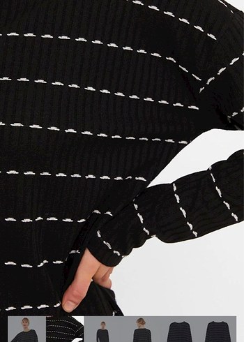 Siyah İnce Çizgili Kadın Triko Kazak - Görsel 2