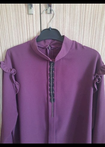 Mor Uzun Kollu Fırfırlı Kadın Tunik - Görsel 2