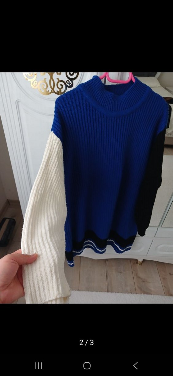 Uzun Kollu, Boğazlı Mavi Triko Kazak - Görsel 2