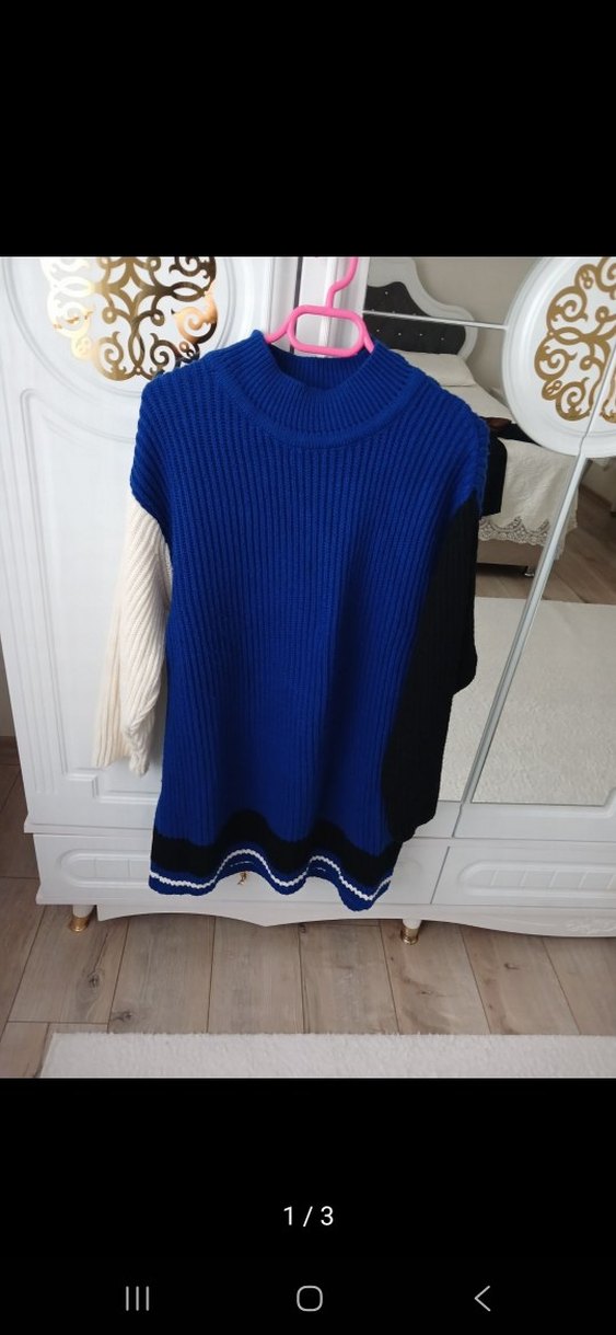 Uzun Kollu, Boğazlı Mavi Triko Kazak - Görsel 3