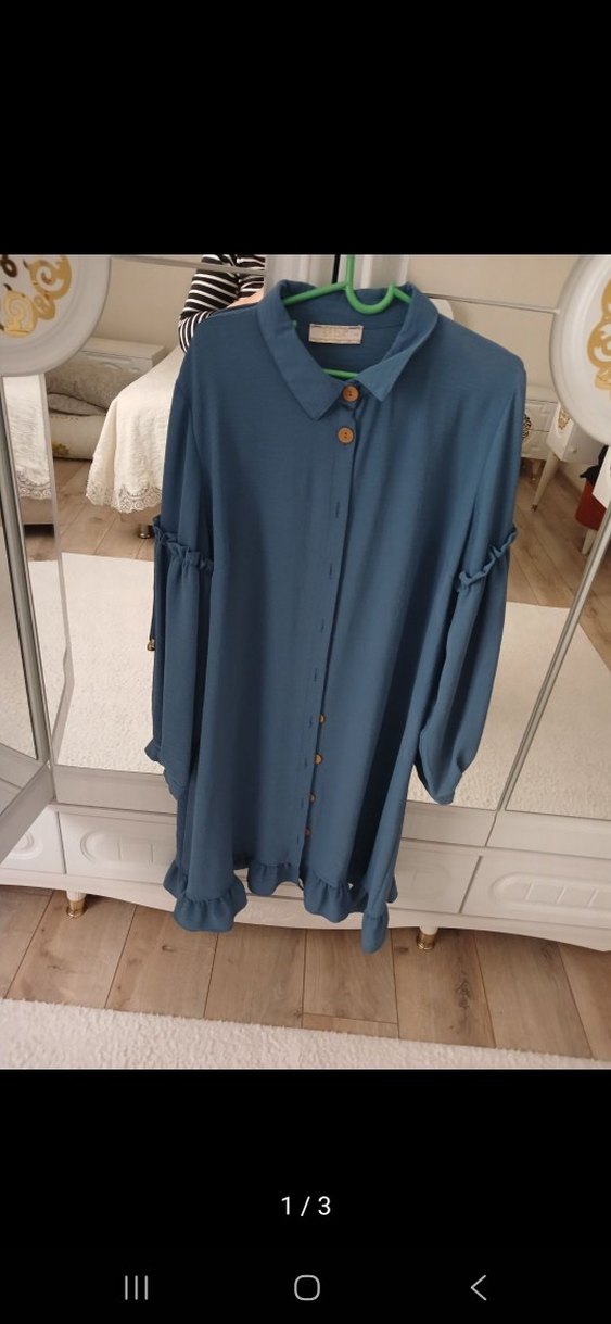 Düğmeli Mavi Kadın Midi Gömlek - Görsel 2