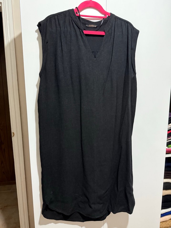 Siyah Kolsuz Midi Keten Elbise - Görsel 2