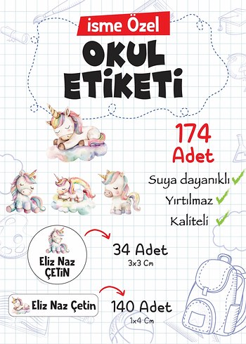 Beden Renk İsme Özel Suya Dayanıklı Okul Etiketi 174 Adet