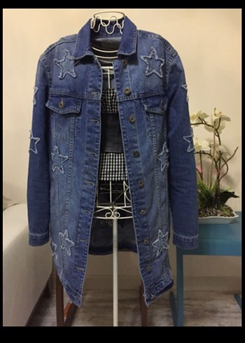 Antik marka İşlemeli Mavi Kadın Denim Ceket