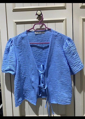 Mavi Kısa Kollu Pliseli Mini Bluz