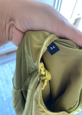 Yağ Yeşili Saten Elbise Tek Omuzlu Pileli - Görsel 3