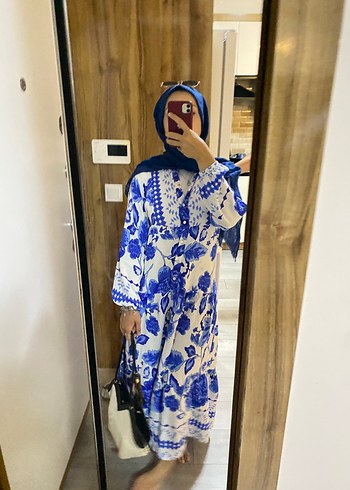 Mavi Desenli Uzun tesettür  Elbise - Görsel 3