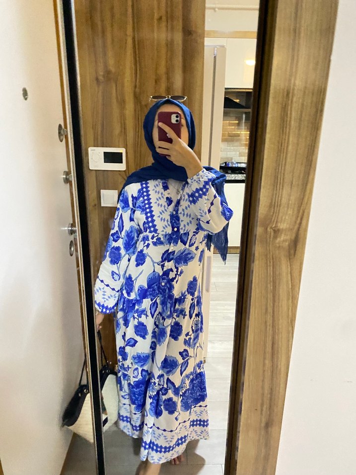 Mavi Desenli Uzun tesettür  Elbise - Görsel 2